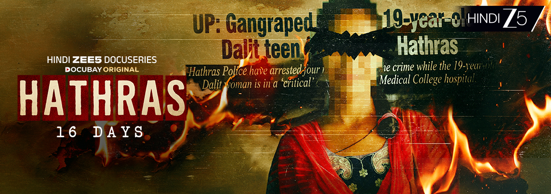 Scene from Hathras 16 Days documentary series on ZEE5 depicting media scrutiny, institutional pressure, and public protests surrounding the 2020 case.